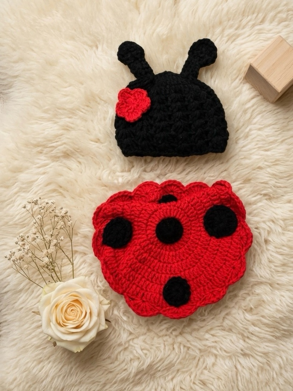 Handmade Kids Ladybug Crochet Hat & Cape Set - Black & Red Photo Prop Newborn
